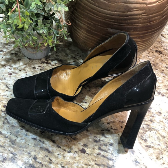 GUCCI Patent Leather Suede Black D'Orsay Square Toe Block Heel Pumps 5.5 - Picture 4 of 13